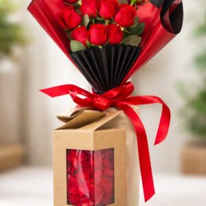 Fresh Red Rose Bouquet with Rose Petals Gift Set, Kraft Box Presentation